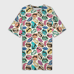 Женская длинная футболка Губы разноцветные поп арт