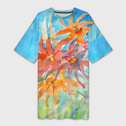 Женская длинная футболка Осенние цветы акварель