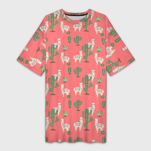 Женская длинная футболка Три забавных альпака среди кактусов / 3D-принт – фото 1