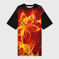 Женская длинная футболка Цветок из огня на чёрном фоне
