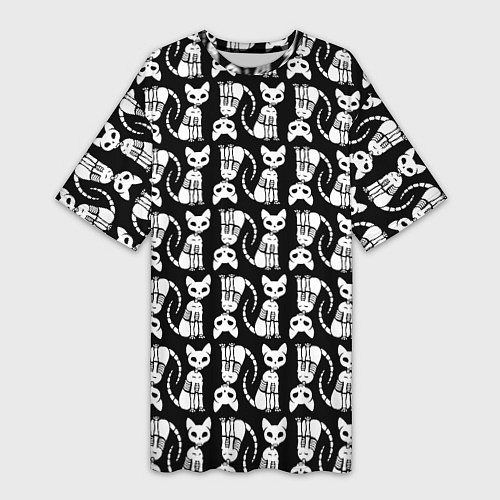 Женская длинная футболка Скелет кошки - Halloween pattern / 3D-принт – фото 1