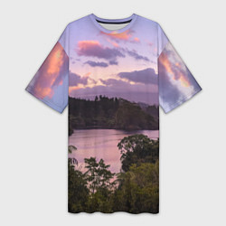 Женская длинная футболка Пейзаж вечерней реки и леса