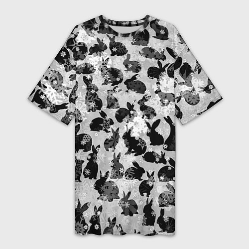 Женская длинная футболка Черные новогодние кролики / 3D-принт – фото 1