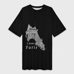 Футболка женская длинная Эйфелева башня и надпись Я люблю Париж на черном ф, цвет: 3D-принт