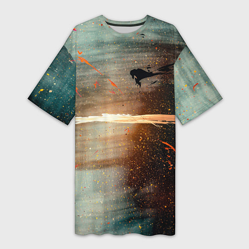 Женская длинная футболка Светло-синий абстрактный фон и брызки красок / 3D-принт – фото 1