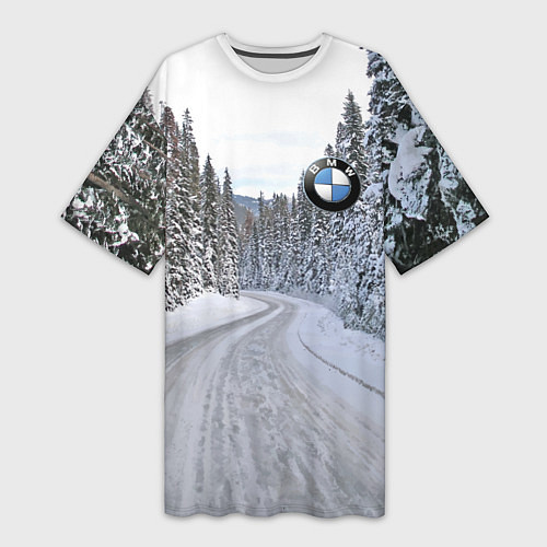 Женская длинная футболка BMW - зимняя дорога через лес / 3D-принт – фото 1