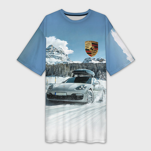 Женская длинная футболка Porsche on a mountain winter road / 3D-принт – фото 1