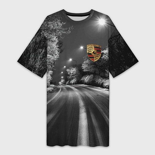 Женская длинная футболка Порше - зимняя дорога / 3D-принт – фото 1