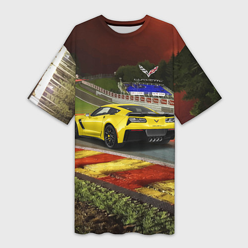 Женская длинная футболка Chevrolet Corvette на гоночной трассе / 3D-принт – фото 1