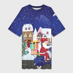 Женская длинная футболка Дед Мороз едет на скутере с подарками в Новогоднюю