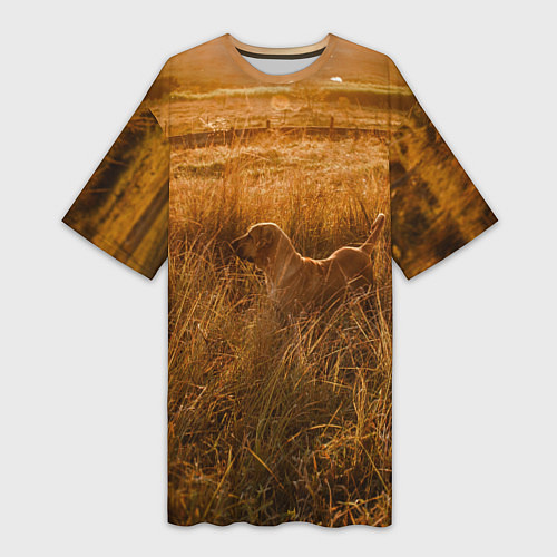 Женская длинная футболка Поле с колосьями и собачка / 3D-принт – фото 1