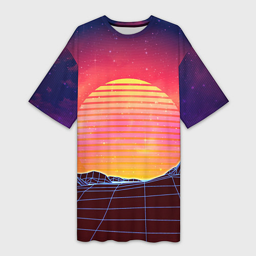Женская длинная футболка Абстрактные 3D неоновые горы на закате / 3D-принт – фото 1