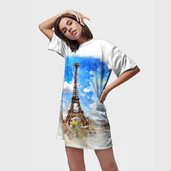 Футболка женская длинная Париж Эйфелева башня рисунок, цвет: 3D-принт — фото 2