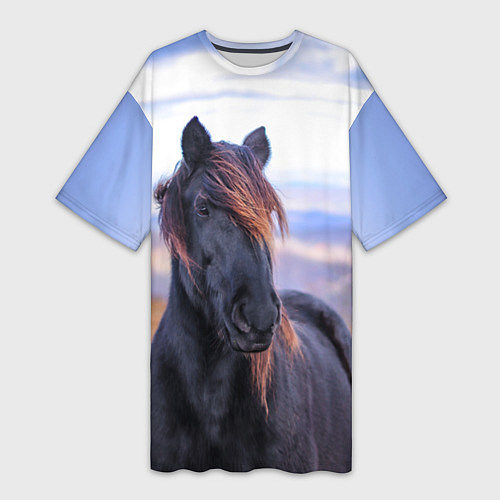 Женская длинная футболка Черный конь / 3D-принт – фото 1