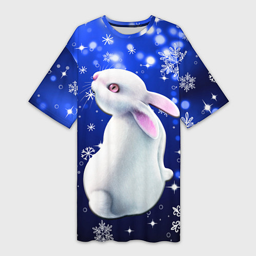 Женская длинная футболка Белый кролик в снежинках / 3D-принт – фото 1