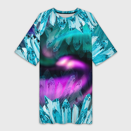 Женская длинная футболка Кристаллы и северное сияние / 3D-принт – фото 1