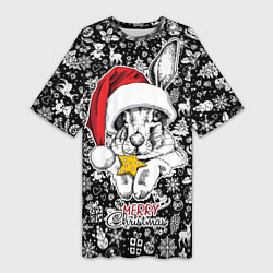 Женская длинная футболка Merry Christmas! Rabbit with cookies