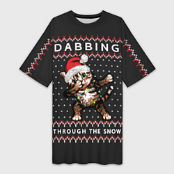 Женская длинная футболка Dabbing, through the snow, cat