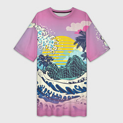 Женская длинная футболка Штормовые океанские волны и пальмы