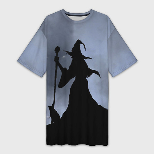 Женская длинная футболка Halloween - силуэт ведьмы с котом / 3D-принт – фото 1