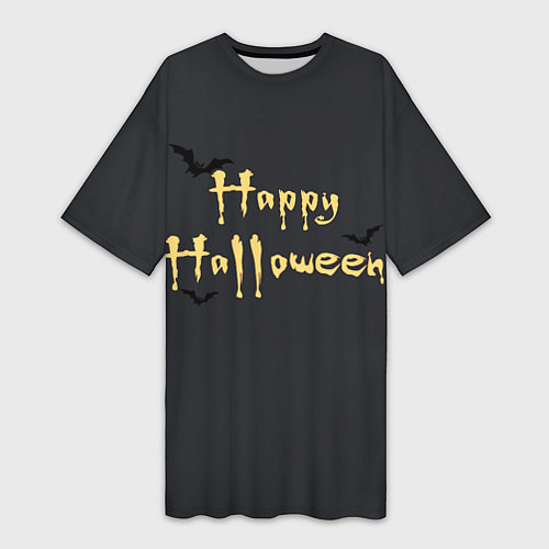 Женская длинная футболка Happy Halloween надпись с летучими мышами / 3D-принт – фото 1