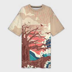 Женская длинная футболка Большое дерево на острове в океане
