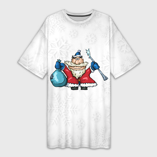 Женская длинная футболка Дед Мороз на белом фоне со снежинками / 3D-принт – фото 1