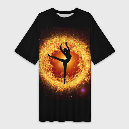 Женская длинная футболка Танец балерины в огненном шаре / 3D-принт – фото 1