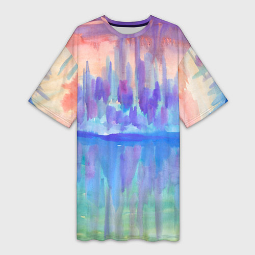 Женская длинная футболка Прибрежный город на закате абстракция / 3D-принт – фото 1