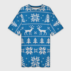 Женская длинная футболка Рождественский синий свитер с оленями
