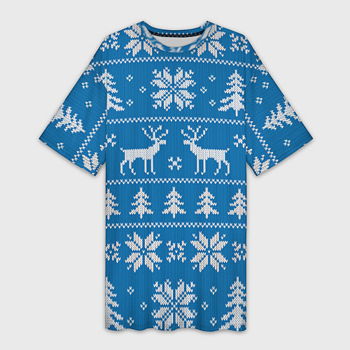 Женская длинная футболка Рождественский синий свитер с оленями / 3D-принт – фото 1