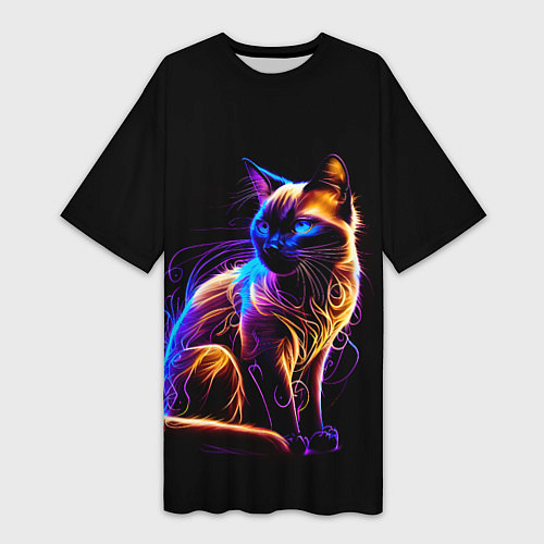 Женская длинная футболка Неоновый сиамский котёнок / 3D-принт – фото 1