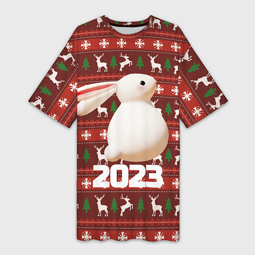 Женская длинная футболка Белый большой кролик 2023 / 3D-принт – фото 1