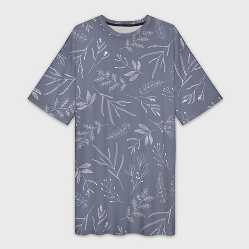 Женская длинная футболка Минималистичный растительный узор на серо-голубом / 3D-принт – фото 1