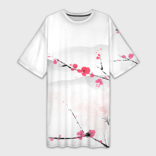Женская длинная футболка Японский пейзаж, начало весны / 3D-принт – фото 1