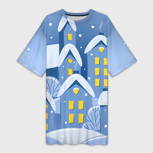 Женская длинная футболка Маленький новогодний городок / 3D-принт – фото 1