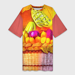 Футболка женская длинная Спелые фрукты и овощи в плетеной корзине, цвет: 3D-принт