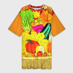 Футболка женская длинная Плетеная корзина, полная фруктов и овощей, цвет: 3D-принт