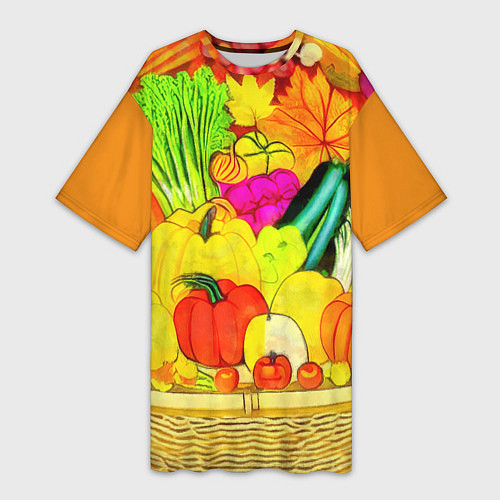 Женская длинная футболка Плетеная корзина, полная фруктов и овощей / 3D-принт – фото 1