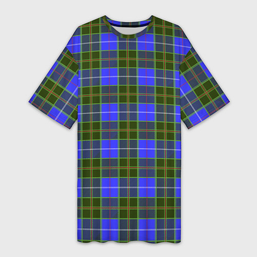 Женская длинная футболка Ткань Шотландка сине-зелёная / 3D-принт – фото 1