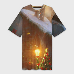 Футболка женская длинная Cельский коттедж, засыпанный снегом, цвет: 3D-принт