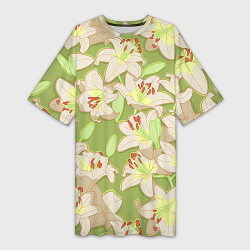 Женская длинная футболка Нежные цветы - лилии: цветной паттерн / 3D-принт – фото 1