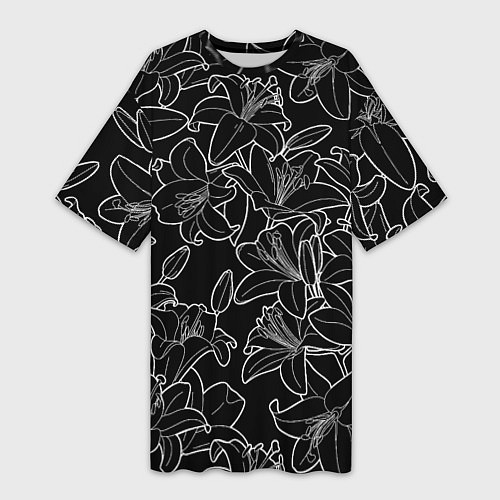 Женская длинная футболка Нежные цветы - лилии: черно белыи / 3D-принт – фото 1