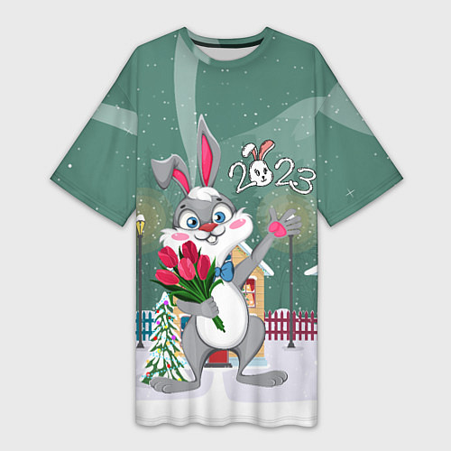 Женская длинная футболка Заяц с цветами новогодний / 3D-принт – фото 1