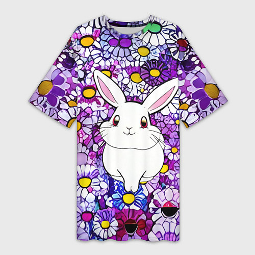 Женская длинная футболка Веселый кролик в цветах / 3D-принт – фото 1