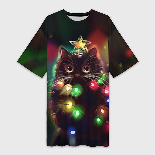 Женская длинная футболка Новогодний котик с гирляндой / 3D-принт – фото 1