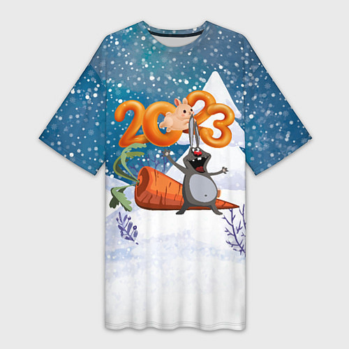 Женская длинная футболка 2023 заяц с большой морковкой / 3D-принт – фото 1