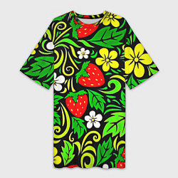 Женская длинная футболка Роспись земляника и цветы