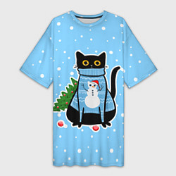 Женская длинная футболка Котик в свитере под снегопадом - синий