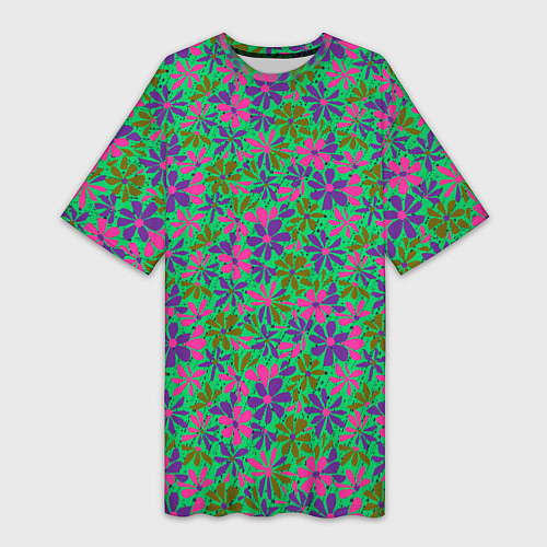 Женская длинная футболка Яркий неоновый цветочный узор / 3D-принт – фото 1
